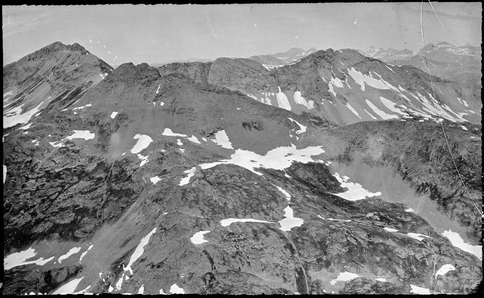 View of the San Juan Mountains from the summit of King Solomon Mountain, 13,600 feet high. Silverton Quadrangle. San... - NARA - 517155