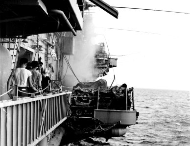View of the starboard sponson on USS Oriskany (CVA-34) during the 1966 fire