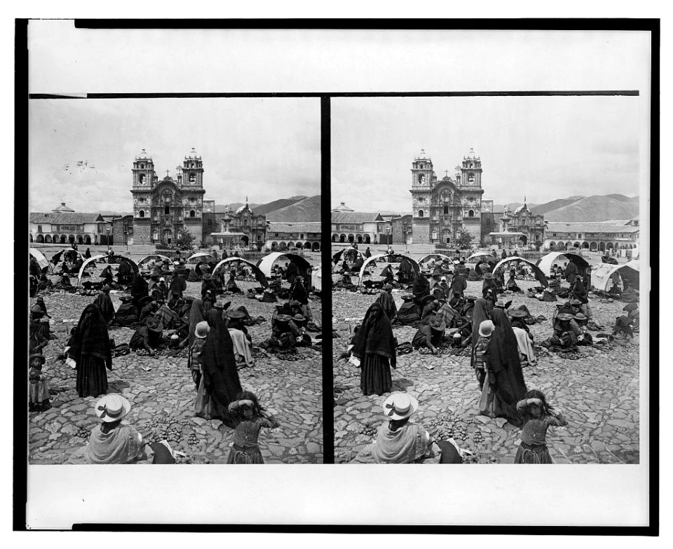 View of the Plaza de Armas showing the Iglesia de la Compañía, and the dominical market in the foreground, Cuzco, Peru LCCN2003675590