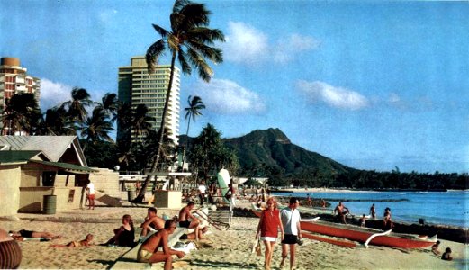 View of Waikiki Beach, Oahu, Hawaii (USA), in October 1963