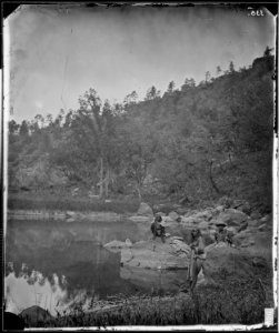 VIEW ON APACHE LAKE SIERRA BLANCA RANGE, ARIZONA, TWO SCOUTS IN FOREGROUND - NARA - 524281