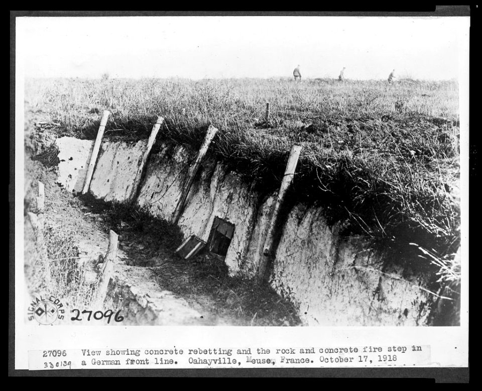 View showing concrete reetting and the rock and concrete fire step in a German front Line. Oahayville, Meuse, France - Signal Corps. LCCN2005697184