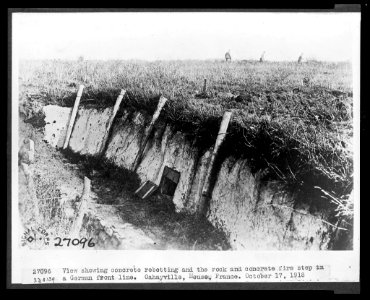 View showing concrete reetting and the rock and concrete fire step in a German front Line. Oahayville, Meuse, France - Signal Corps. LCCN2005697184