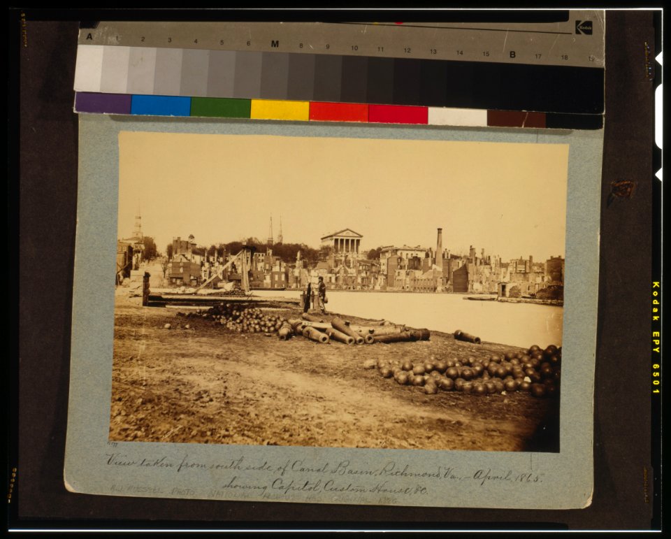 View taken from south side of Canal Basin, Richmond, Va., April, 1865, showing Capitol, Custom House, etc LCCN2014645781