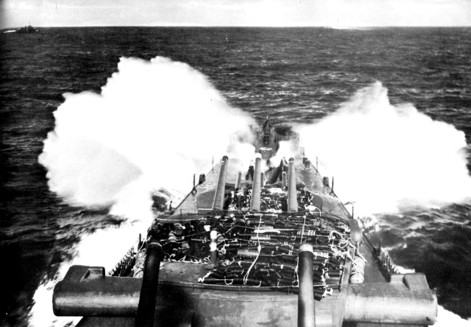 View over the bow of USS Biloxi (CL-80) c1944