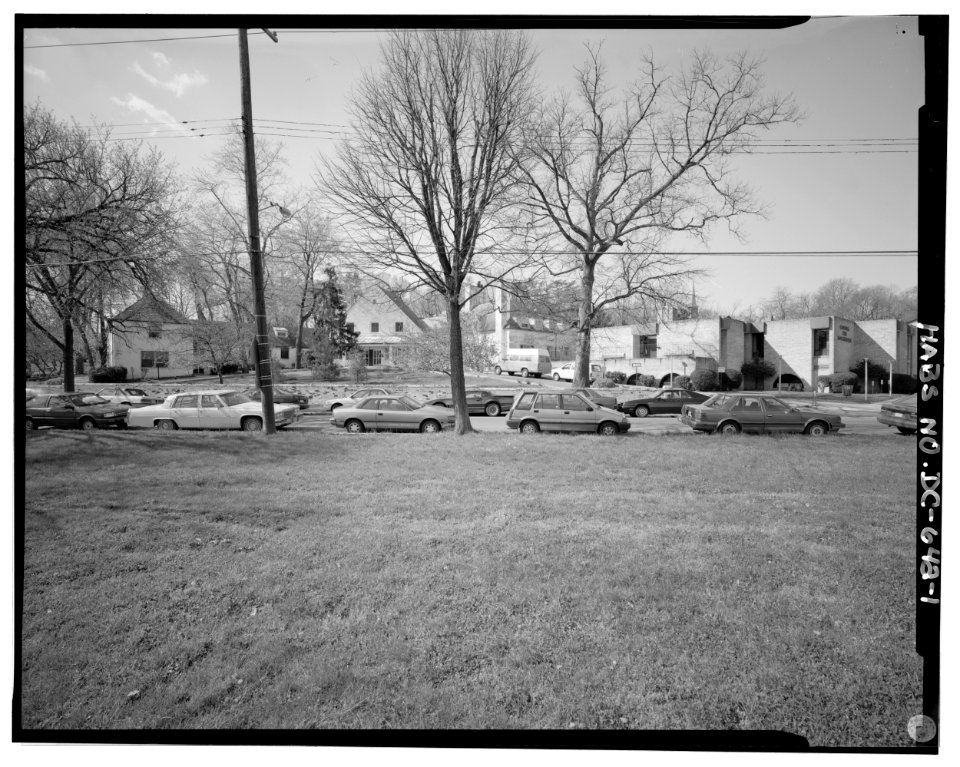 View southwest, streetscape showing 1930 northeast facade and 1968 building