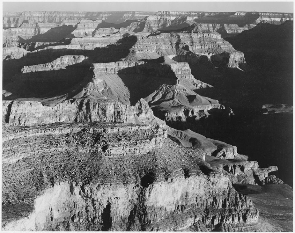 View, dark shadows to right, high horizon, Grand Canyon National Park, Arizona., 1933 - 1942 - NARA - 519896