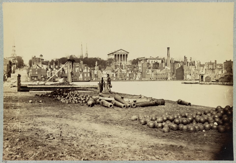 View taken from south side of Canal Basin, Richmond, Va., April, 1865, showing Capitol, Custom House, etc. LCCN2014645781