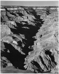 View with shadowed ravine, Grand Canyon from South Rim, 1941, Arizona. (Vertical Orientation), 1941 - NARA - 519885