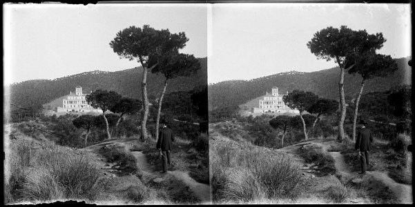 Vila Joana amb un home en primer terme i alguns arbres , al fons boscos