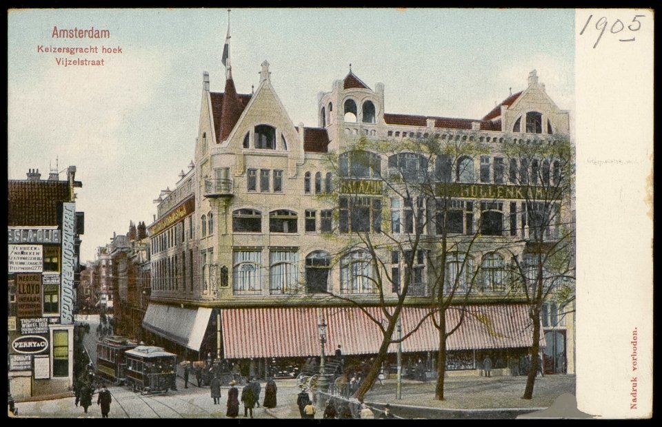 Vijzelstraat hoek Keizersgracht. Uitgave Dr. Trenkler Co. Leipzig, Afb PBKD00265000005