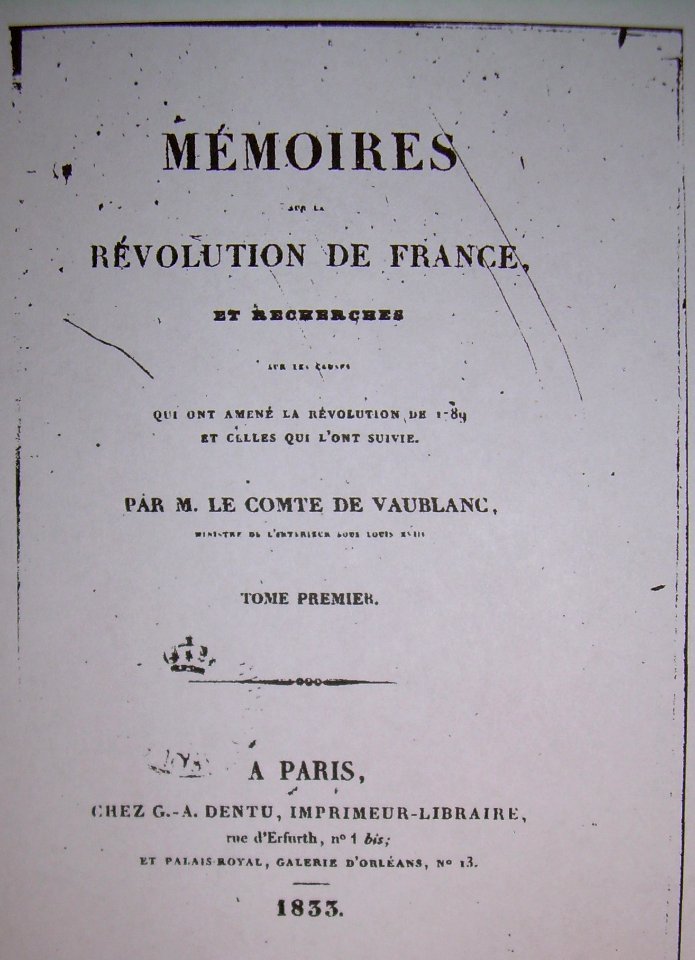 Vincent-Marie de Vaublanc, Mémoires, frontispice