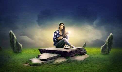 Guitar girl sitting rock photo