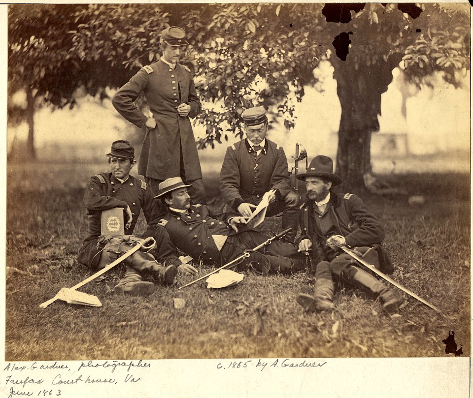 Virginia, Fairfax, a group of officers at Headquarters, Army of the Potomac, Fairfax Courthouse. Studying the art of... - NARA - 533319