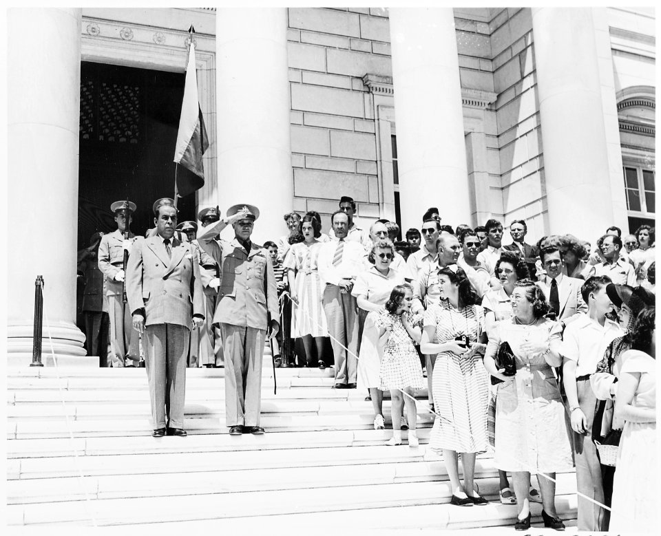Visit of President Romulo Gallegos of Venezuela to Arlington National Cemetery. In this photo, he is on the steps of... - NARA - 199829