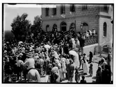 Visiting Jewish colonies. Sir Herbert Samuel leaving the synagogue (Richon le Zion). LOC matpc.02296