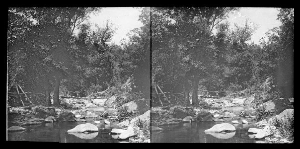 Vista d'un riu amb un pont de fusta enmig d'un bosc