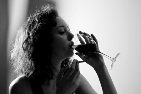 Woman wine black and white photo