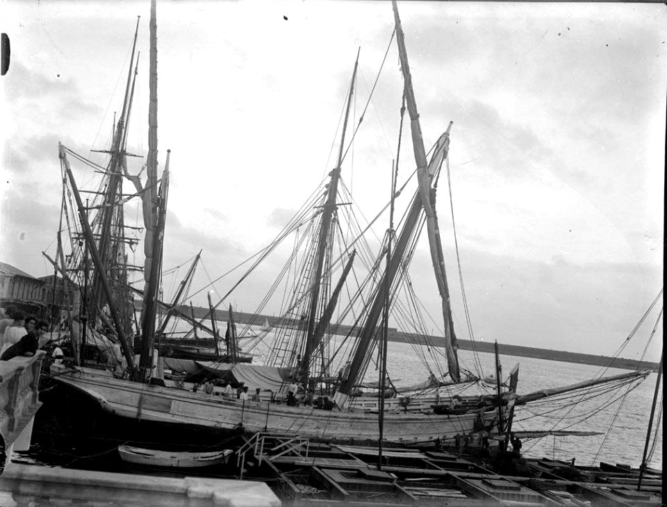 Vista d'una embarcació amb gent amarrada al port i una barana amb gent abocada (AFCEC RIBASV C 2519)