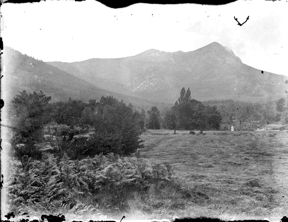 Vista de muntanyes amb arbres i una casa al fons (AFCEC RIBASV C 2605)