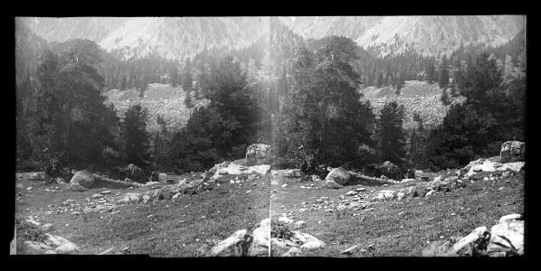 Vista parcial de la vall de Sant Maurici amb el peu dels Encantats al fons