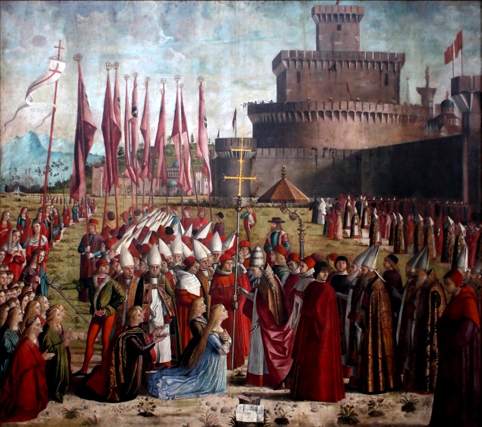 Vittore Carpaccio - Sant'Orsola polyptich - Incontro dei pellegrini col papa Ciriano sotto le mura di Roma