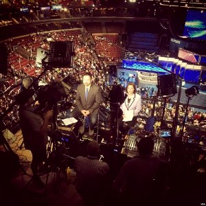VOA Serbian's Bratislav Djordjevic (L) and VOA Spanish's Lina Correa (R) reporting from the DNC (1)
