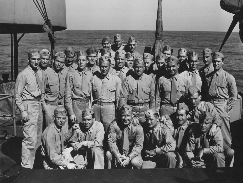 VMF-215 pilots aboard AV-9 Pocomoke, February 1943