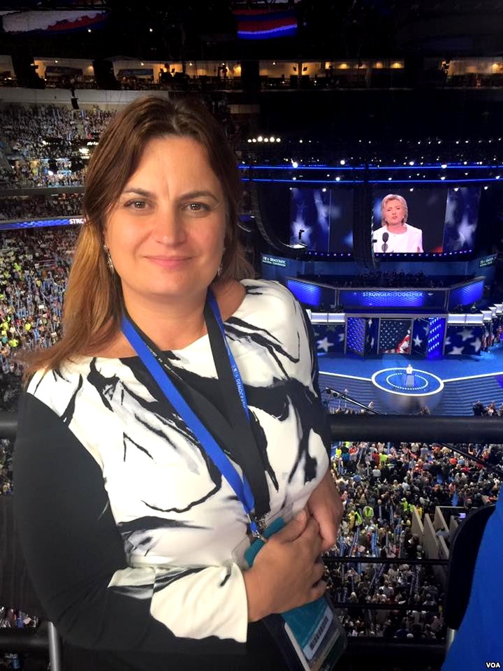VOA Albanian's Keida Kostreci as Hillary Clinton speaks on the stage at the DNC