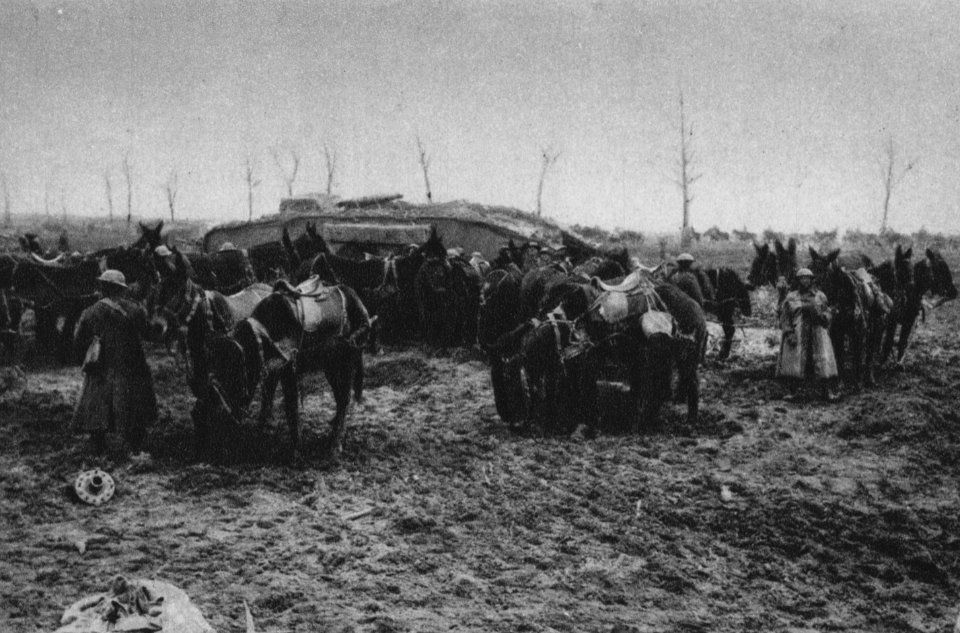 Vor Cambrai bei einem Tankgeschwader rastende Reiterei