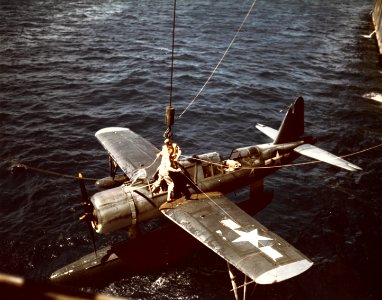Vought OS2U Kingfisher is recovered after a training flight, circa in 1944 (80-G-K-5180) photo