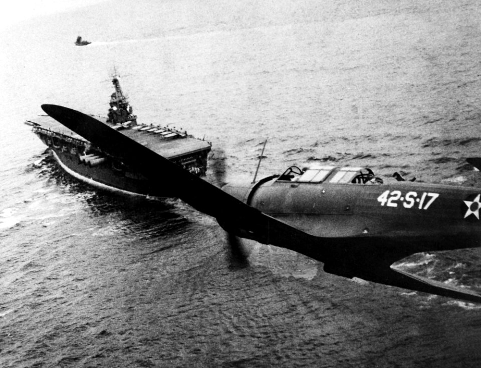 Vought SB2U of VS-42 in flight over USS Ranger (CV-4) on 4 December 1941 (NNAM.1996.253.2130)