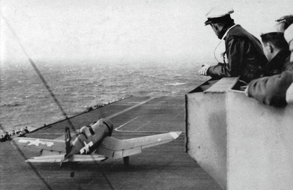 Vought F4U Corsair takes off from USS Hancock (CV-19), circa in September 1945