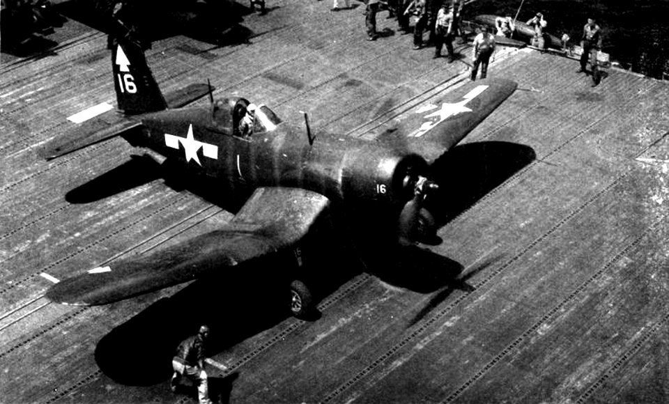 Vought F4U-1 Corsair is launched from USS Bennington (CV-20), in 1945