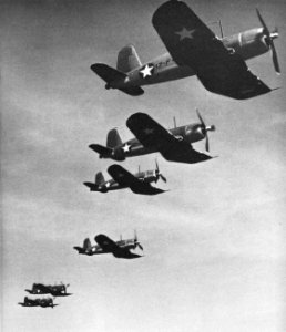 Vought F4U-1 Corsairs of VF-17 in flight, 1943