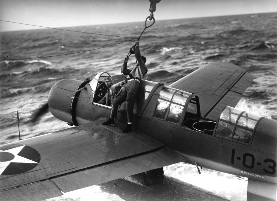 Vought OS2U Kingfisher of VO-1 is recovered by USS Arizona (BB-39) on 6 September 1941 (80-G-66109)