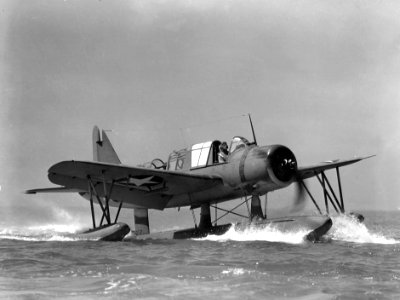 Vought OS2U Kingfisher taxis off NAS Alameda in June 1942 photo