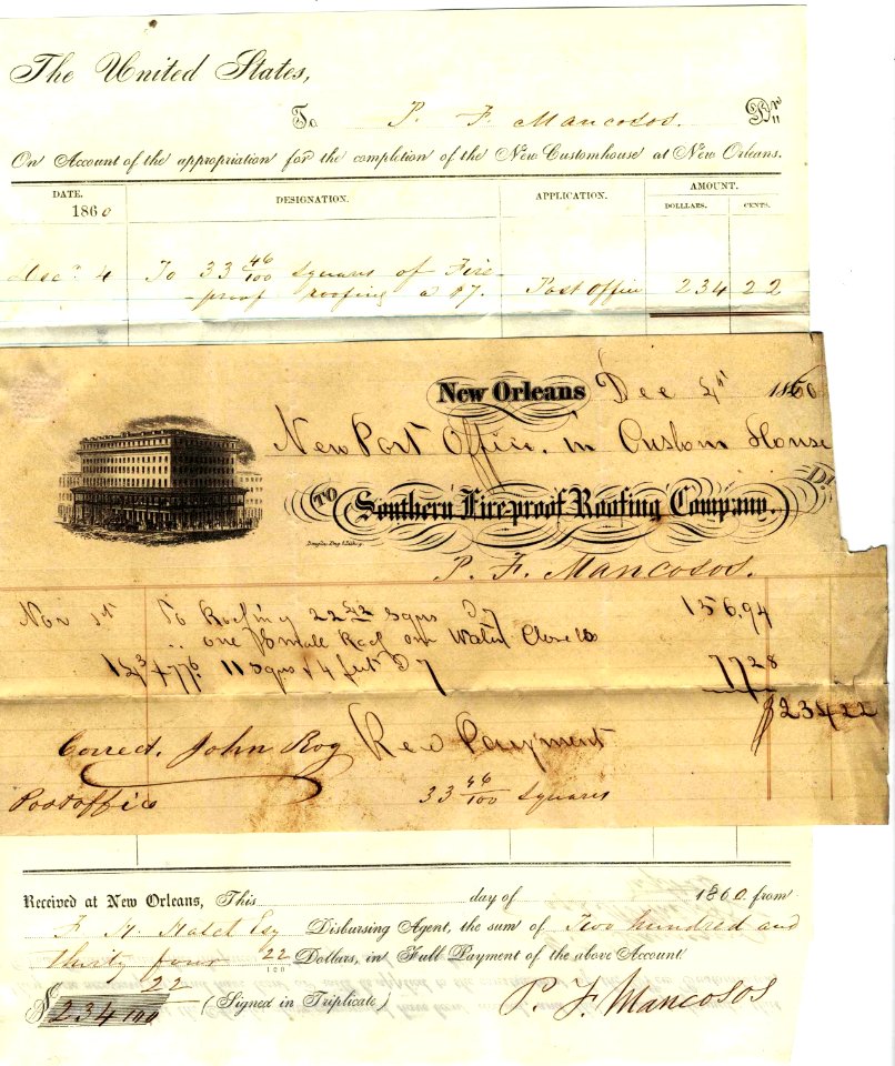 Voucher for Fireproof Roofing on Post Office in the New Orleans Custom House, 121860 (Front)