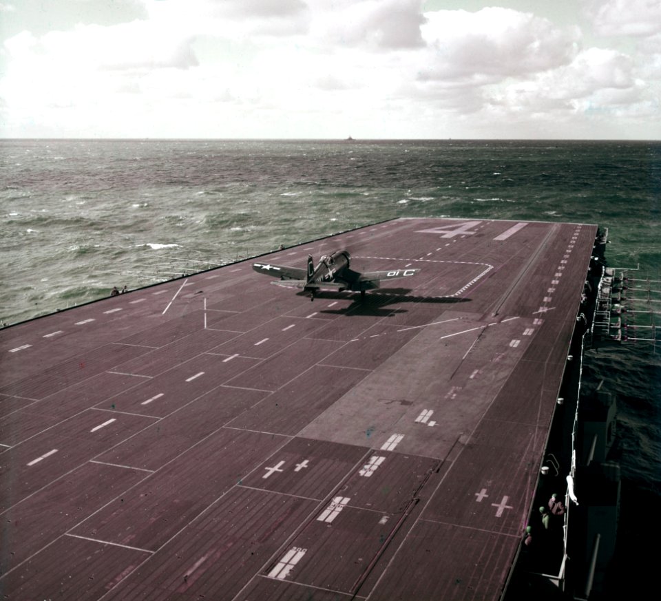 Vought F4U-4 Corsair of VF-42 takes off from USS Midway (CVA-41) during NATO Operation Mainbrace, 17 September 1952 (80-G-K-13221)
