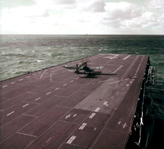 Vought F4U-4 Corsair of VF-42 takes off from USS Midway (CVA-41) during NATO Operation Mainbrace, 17 September 1952 (80-G-K-13221)