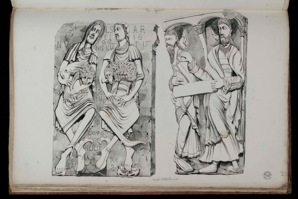 Voyages pittoresques et romantiques dans l'ancienne France. Languedoc. Volume 1. P. 30. quart. Fragments provenant de St. Saturnin et de la chapelle de St. Étienne à Toulouse. (Musée de Toulouse). - FRAC31555 38Fi10 51