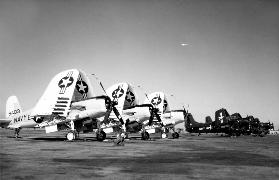 Vought AU-1 Corsairs and Douglas AD-5W Skyraiders at Naval Air Station North Island, California (USA), 19 January 1956 (80-G-K-20120)