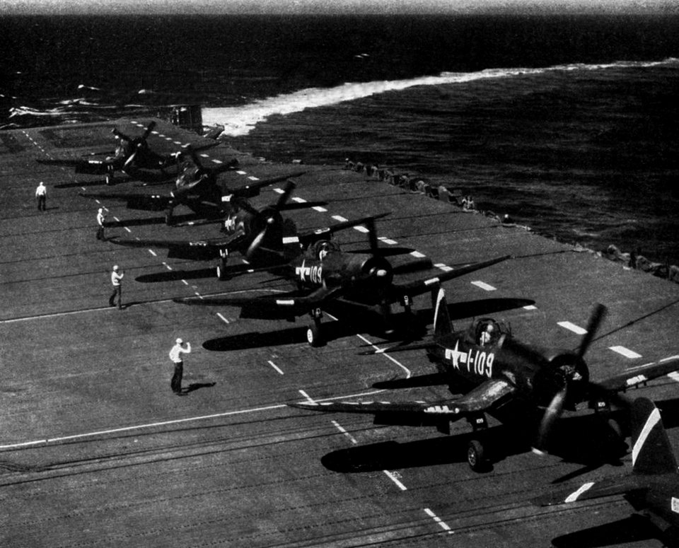 Vought F4U Corsairs aboard the U.S. Navy aircraft carrier USS Shangri-La (CV-38), circa in January 1945