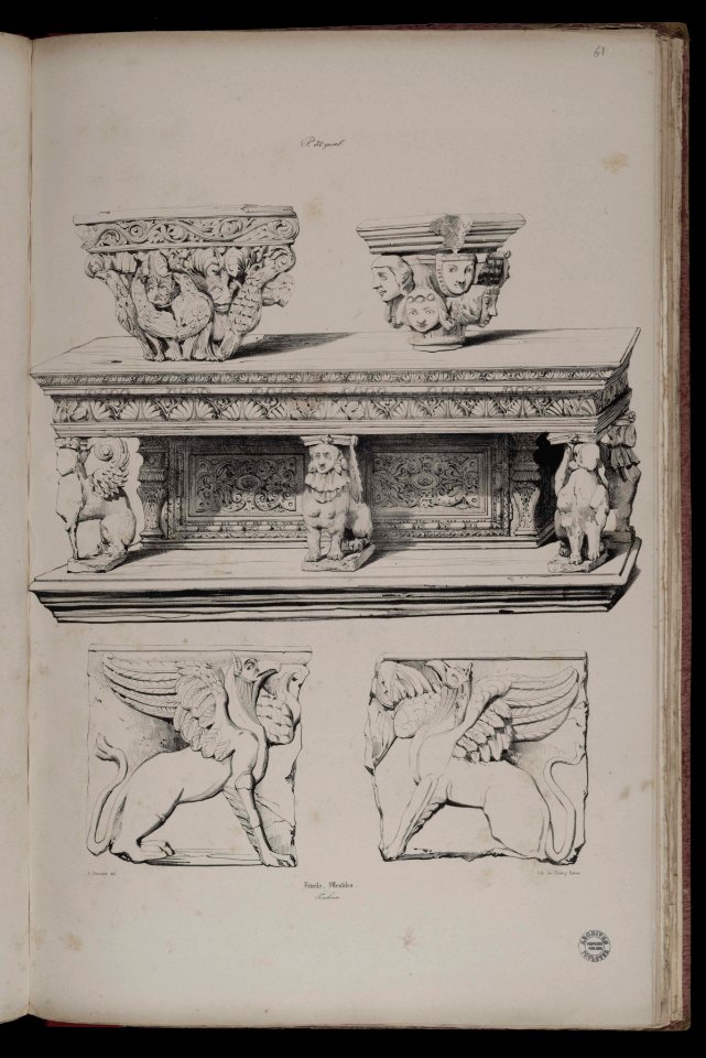 Voyages pittoresques et romantiques dans l'ancienne France. Languedoc. Volume 1. P. 32 quint. Détails, meubles. Toulouse. - FRAC31555 38Fi10 61