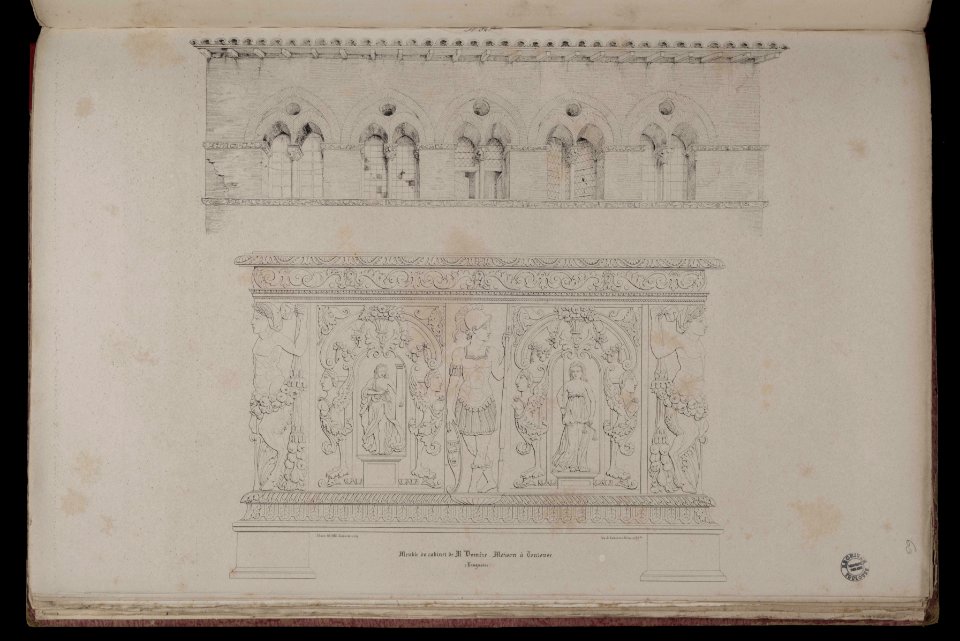 Voyages pittoresques et romantiques dans l'ancienne France. Languedoc. Volume 1. Pl. 32. quart. Meuble du cabinet de M. Dumèze Dumège. Maison à Toulouse. (Languedoc). - FRAC31555 38Fi10 60