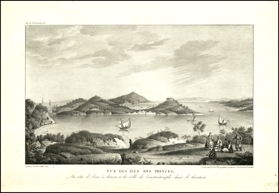 Vue des Iles des Princes, La cote d'Asie a droite et la ville de Constantinople dans le lointain