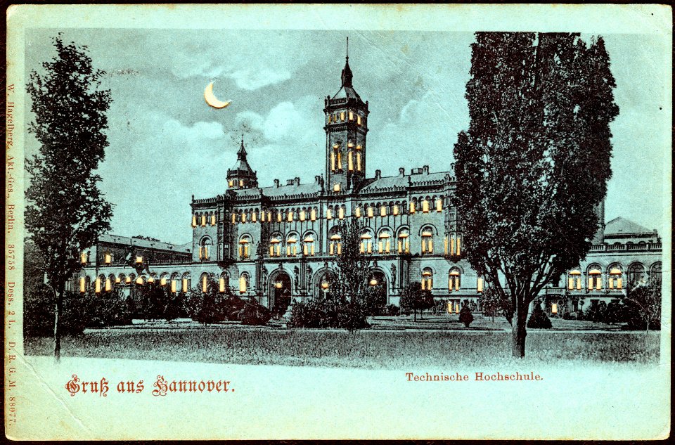 W. Hagelberg AG PC 035758 Dess. 2 L. D.R.G.M. 88077 Gruß aus Hannover. Technische Hochschule Bildseite Halt gegen das Licht