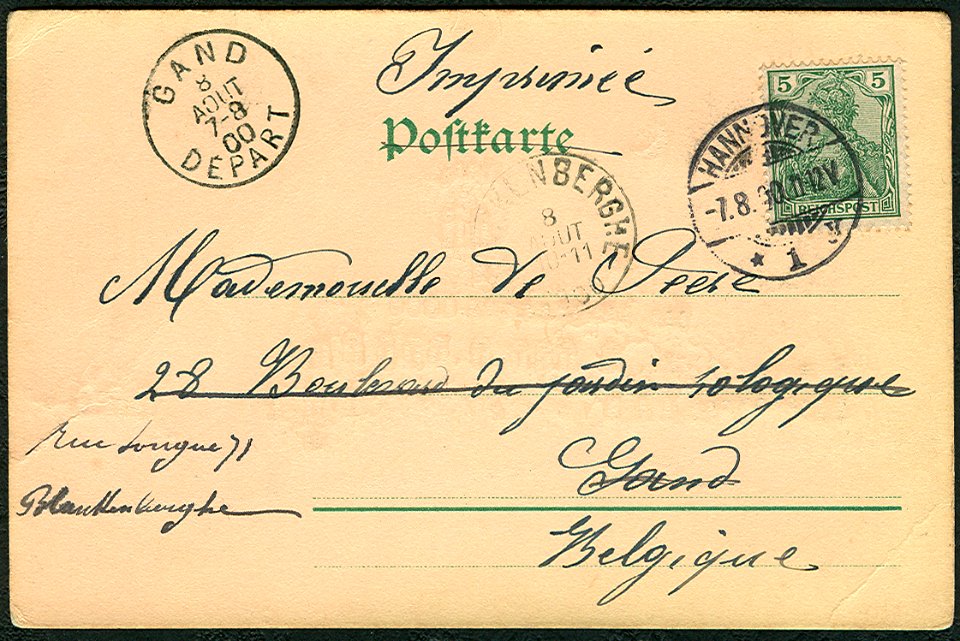 W. Hagelberg AG PC 035758 Dess. 2 L. D.R.G.M. 88077 Gruß aus Hannover. Technische Hochschule Adressseite Imprimée Mademoiselle te Seese Gand Belgique