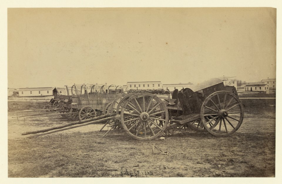 Wagons with caisson in foreground, probably at a Civil War military camp LCCN91787204