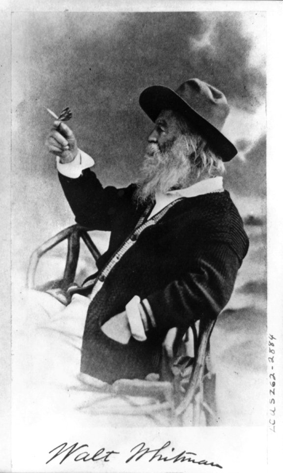 Walt Whitman, half-length portrait, seated, facing left, wearing hat and sweater, holding butterfly LCCN00650594
